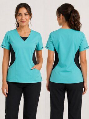 BEVERLY HILLS UNIFORMS NWT Short Sleeve V-Neck Aqua Green Scrub Top